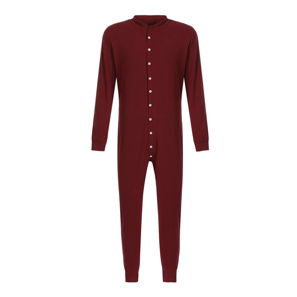 cotton pajama pants Mens Jumpsuit Romper Pajamas Button Down Single-breasted Bodysuit Long Sleeve Bodycon Sleepwear Male Autumn Solid Home Clothes men's loungewear sets