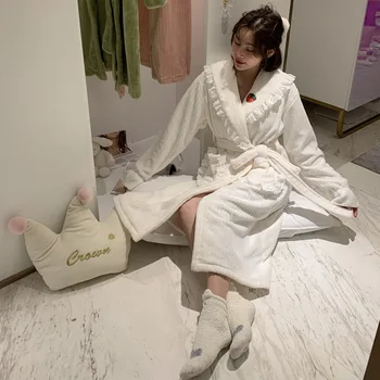 

White Bride Bridesmaid Wedding Robe Sexy Embroidery Fruits Lace Trim Lingerie Lady Sleepwear Autumn Winter Bathrobe Home Wear