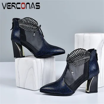 

VERCONAS Woman Sandals Ankle Boots Woman Pumps High Quality Genuine Leather Butterfly Knot Pointed Toe Square Heel Shoes Woman