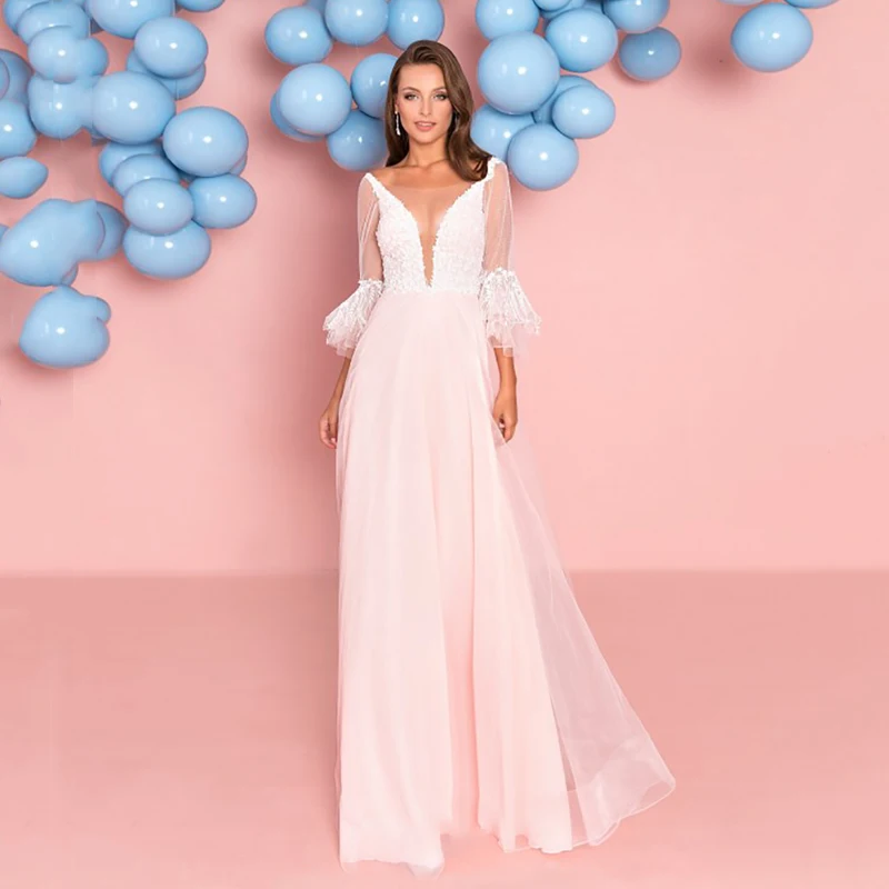 

Verngo A-line Simple Evening Dress Fashion Pink Appliques Evening Gown V-Neck Formal Dress Long Dress Party Abiye Gece Elbisesi