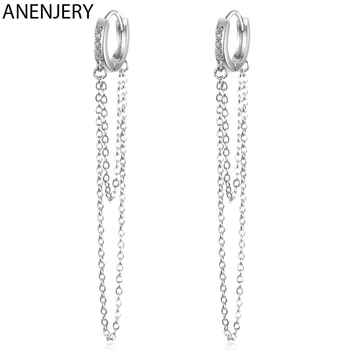 

ANENJERY Sparkling Mosaic Cubic Zircon Tassel Chain Hoop Earrings Silver Color Ear Jewelry For Women Gifts S-E1111