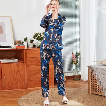 

Women Pajamas Sets With Pants Silk Homewear Satin 2019 Summer Print Sexy Pijama Long Sleeve Thin Sleepwear 8.23