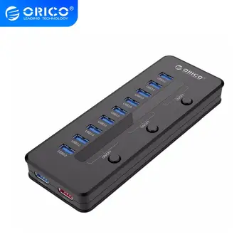 

ORICO HUB With Super Speed USB 3.0 10 Ports & 5V 2A Smart Charging with 3 Switch and 12V 4A Power Adapter EU Plug Black