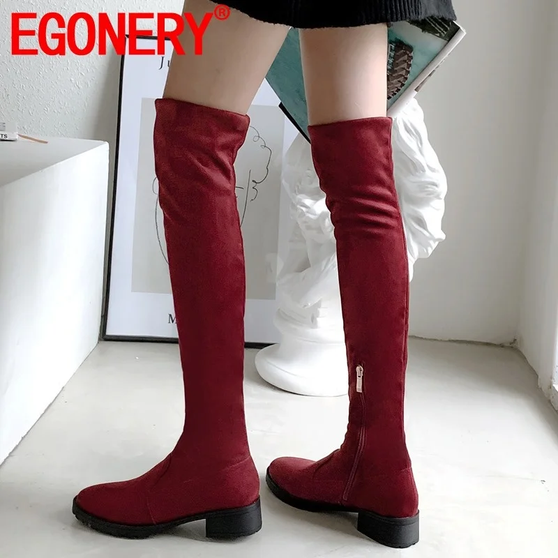 

EGONERY 2019 winter warm new concise flock knee high boots outside low heels zip round toe women shoes drop shipping size 33-43