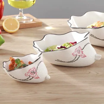 

Retro Ceramic Dinner Set Irregular Lotus Leaf 8 Inch Vegetable Salad Bowl Creative 11 Inch Fish Shape Plate Soup Bowl