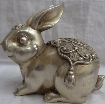 

++++ free shipping Chinese Year Zodiac Silver Wealth Cai Fu Coin Lovely Fu Rabbit Bronze Statue