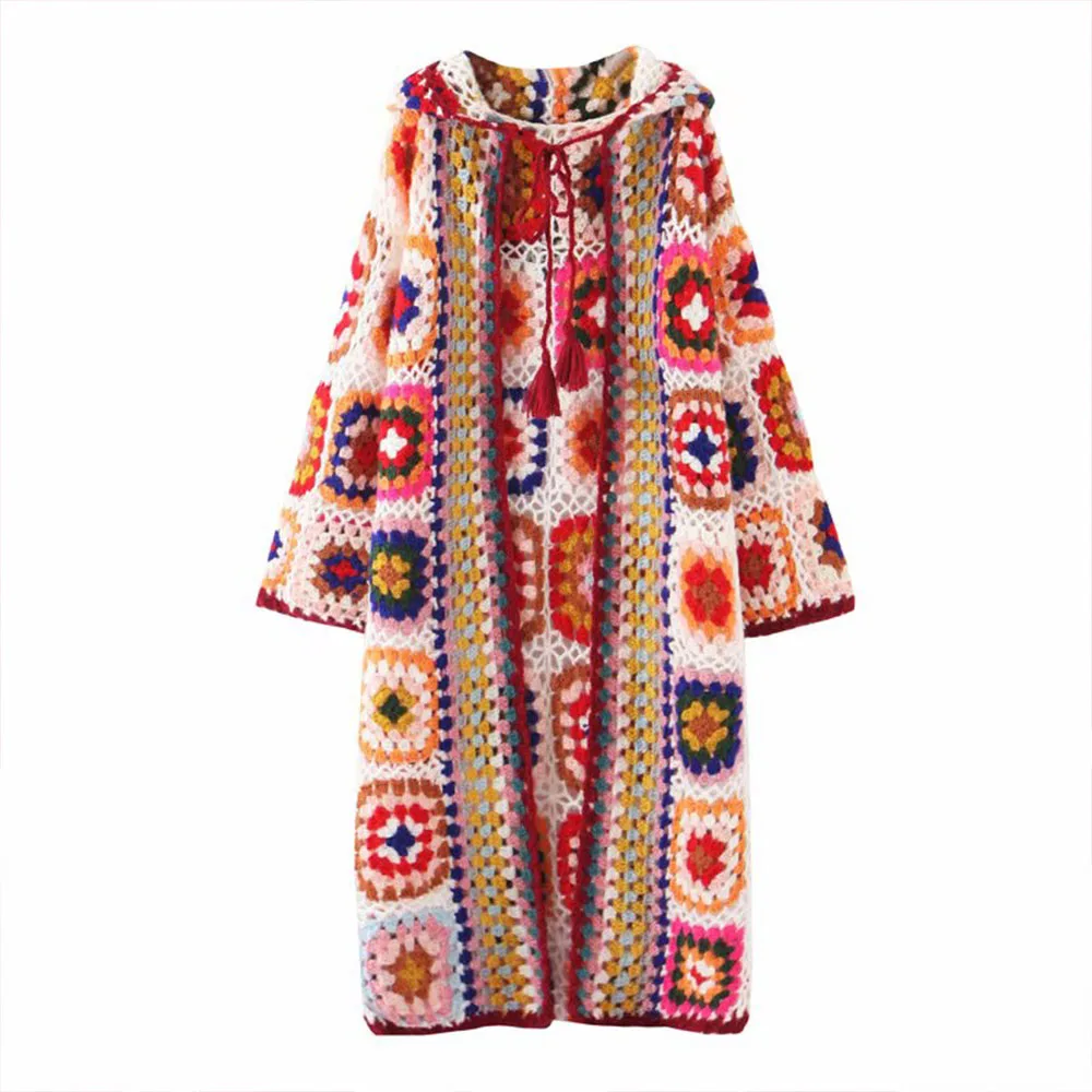 Women 2021 New Fashion Hand Made Crochet Hooded Jacket Coat Vintage Long Sleeve Section Female Outerwear Chic Tops |