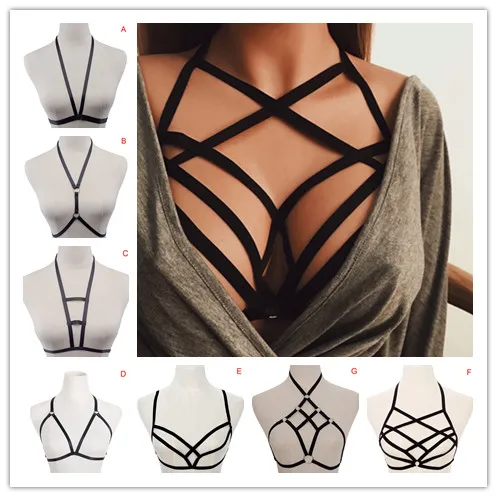 Women Elastic Bandage Goth Bras Top Body Harness Necklace Cross Crop Straps Lingerie Sexy Female Clothes Summer Costume 7 Styles