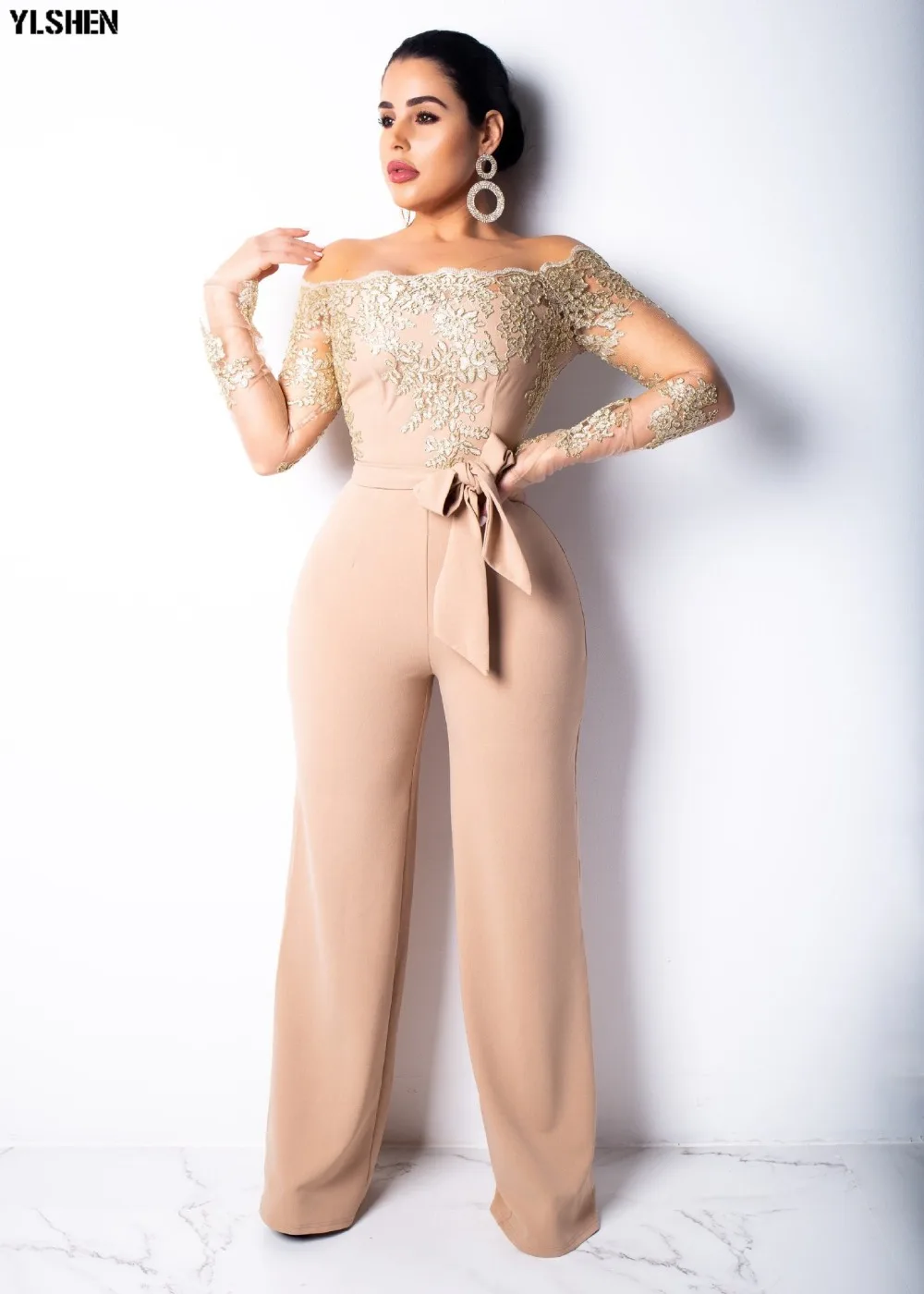 Women Jumpsuit Sexy Lace Ladies Jumpsuits Party Casual Wide Leg Overalls Off Shoulder Long Sleeve Romper Skinny Rompers Trousers 26