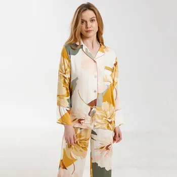 

Elegant Women Pajamas Set Nightwear Print Flower 2PCS Sleepwear Shirt&pant Silky Soft Cotton Home Clothes Casual Loose Pajamas