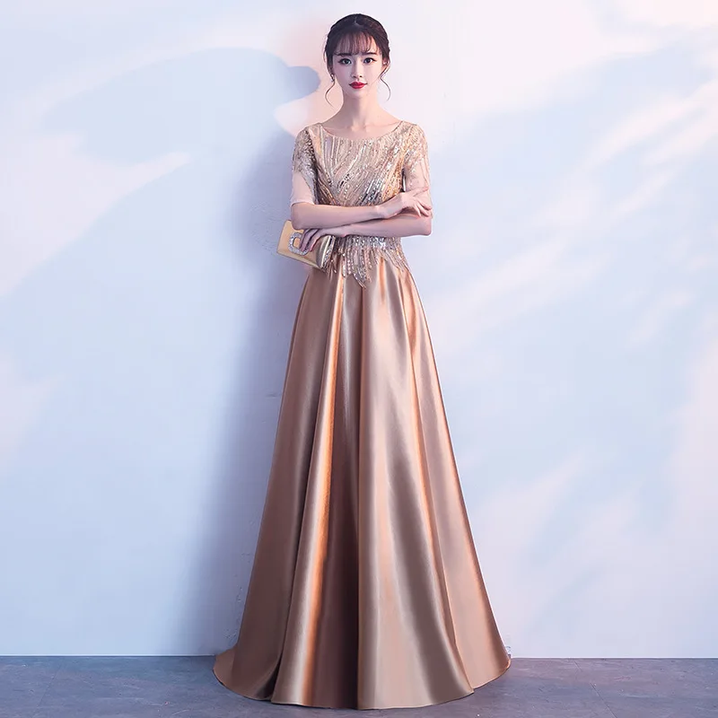 

Gold Long Sleeve Chinese Oriental Party Wedding Female Cheongsam Bridesmaid Evening Dress Elegant Celebrity Banquet Dresses