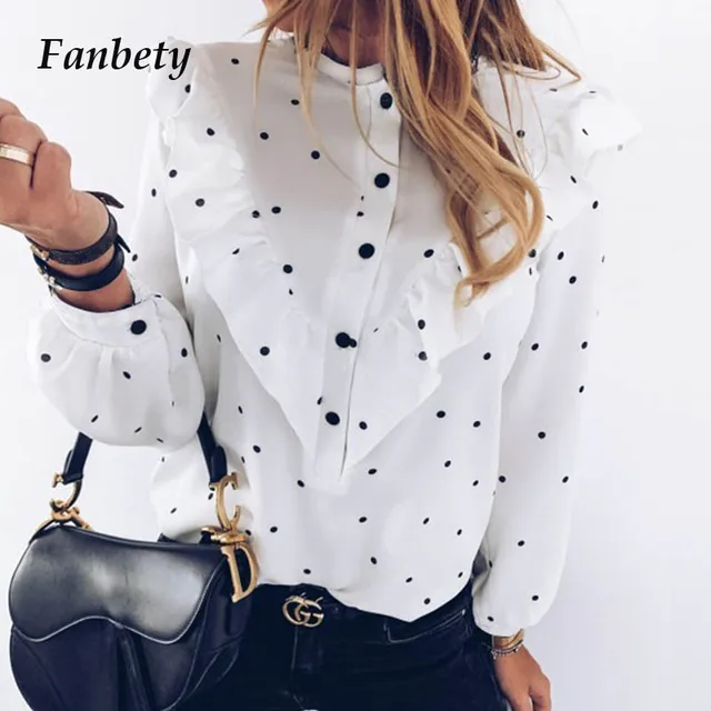 US $11.75 Women 2020 Spring Polka Dot Ruffle Blouse Shirt Elegant Casual O Neck Buttons Pullover Blusa Lady A