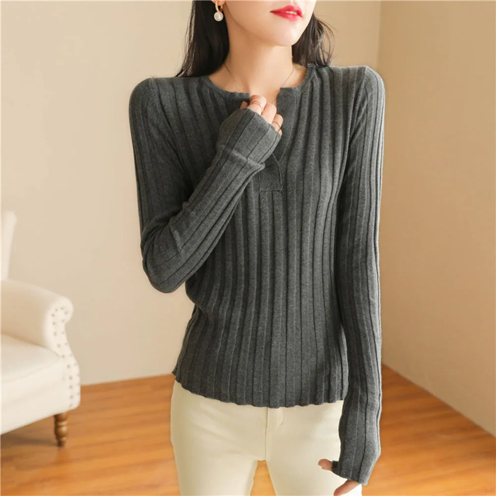 

2020 Women Thin Cotton Knit Half Open Neck Pullover Pit Stripe Slim Knit Bottoming Sweater Wool Close-fitting Soft Sweaters