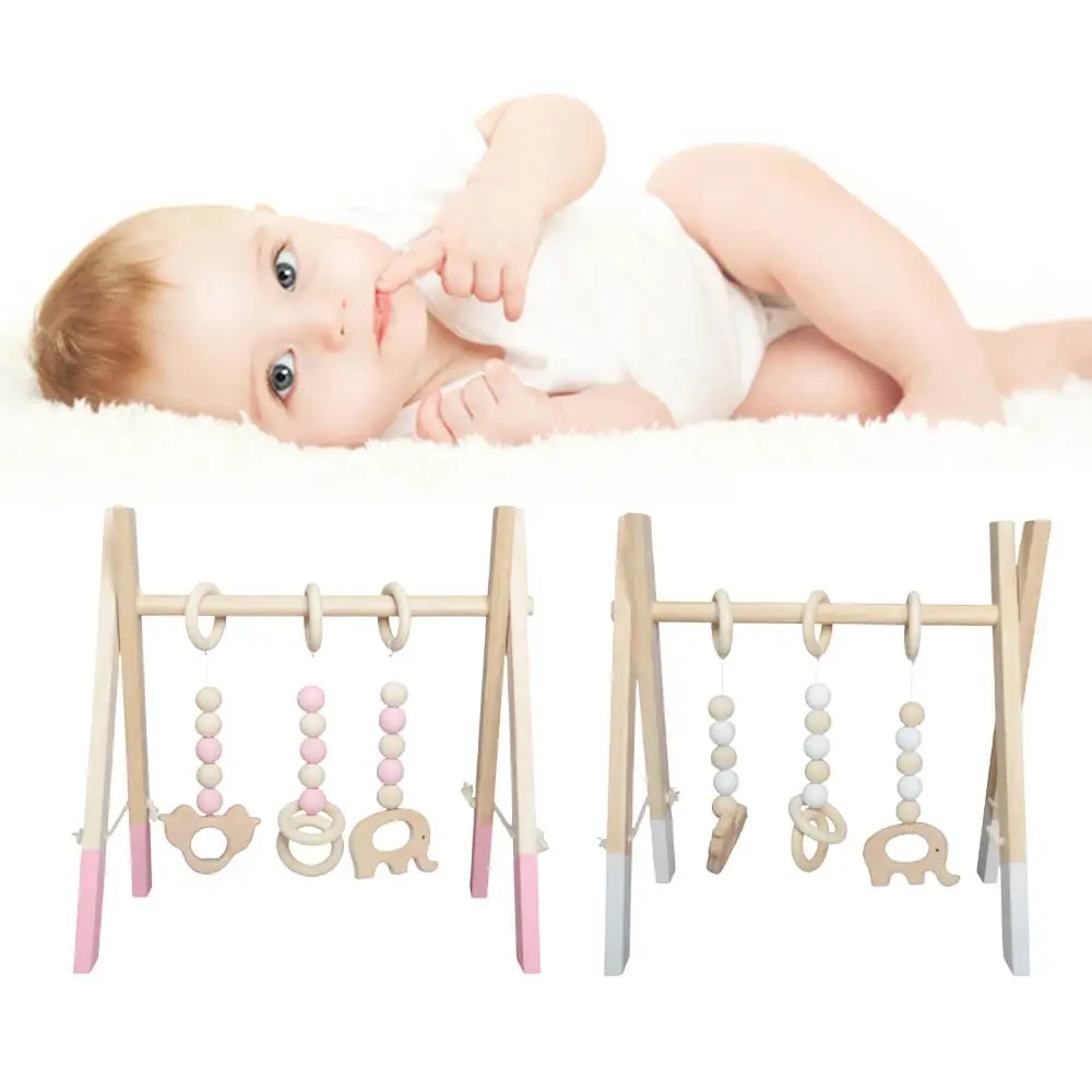 

Baby Foldable Wooden Play Gym with 3 Theething Gym Toys Frame Activity Gym