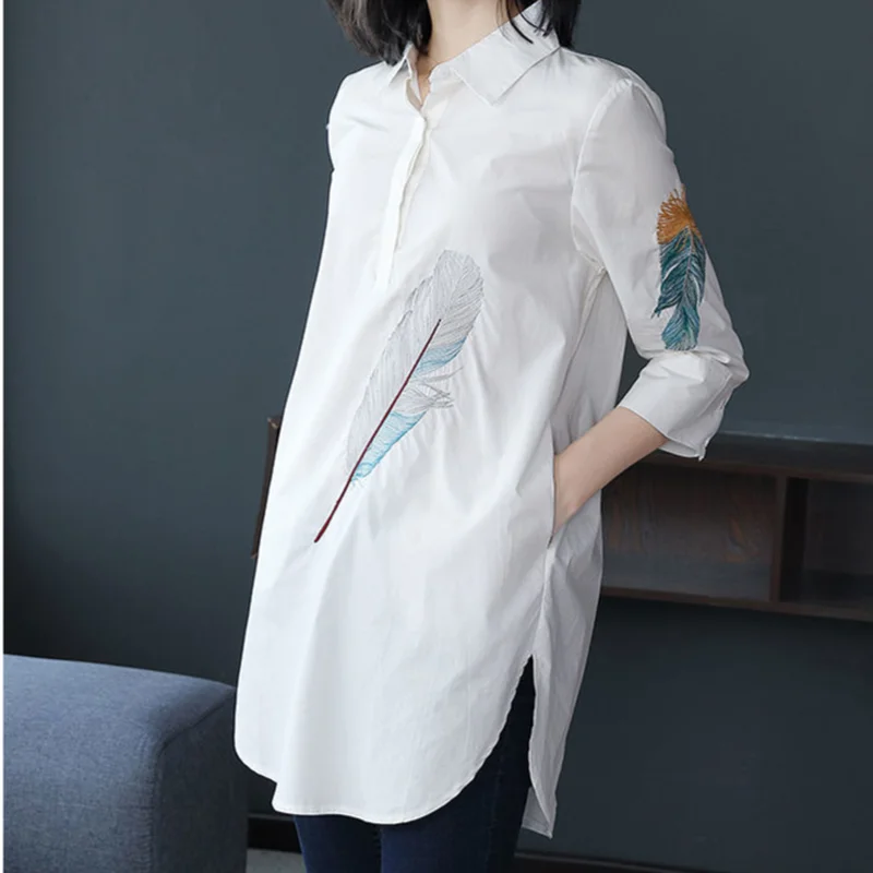

Feather Embroidery White Shirt Leisure Oversize Women Blouse Pure Cotton Shirts Harajuku Loose Mid-Long Blouses Spring Retro Top