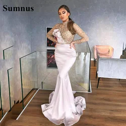 Sumnus Beading Mermaid Prom Dresses 2022 High Neck Illusion Long Sleeve Evening Gowns African Sweep Train Party Gowns Outfit