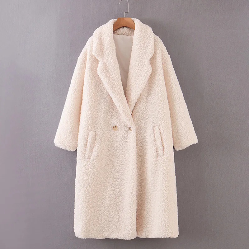 AGong зимние однотонные двубортные пальто для женщин модные куртки из искусственного меха ягненка женские элегантные длинные пальто с карманами женские Дамские JAE - Цвет: XLFF2851