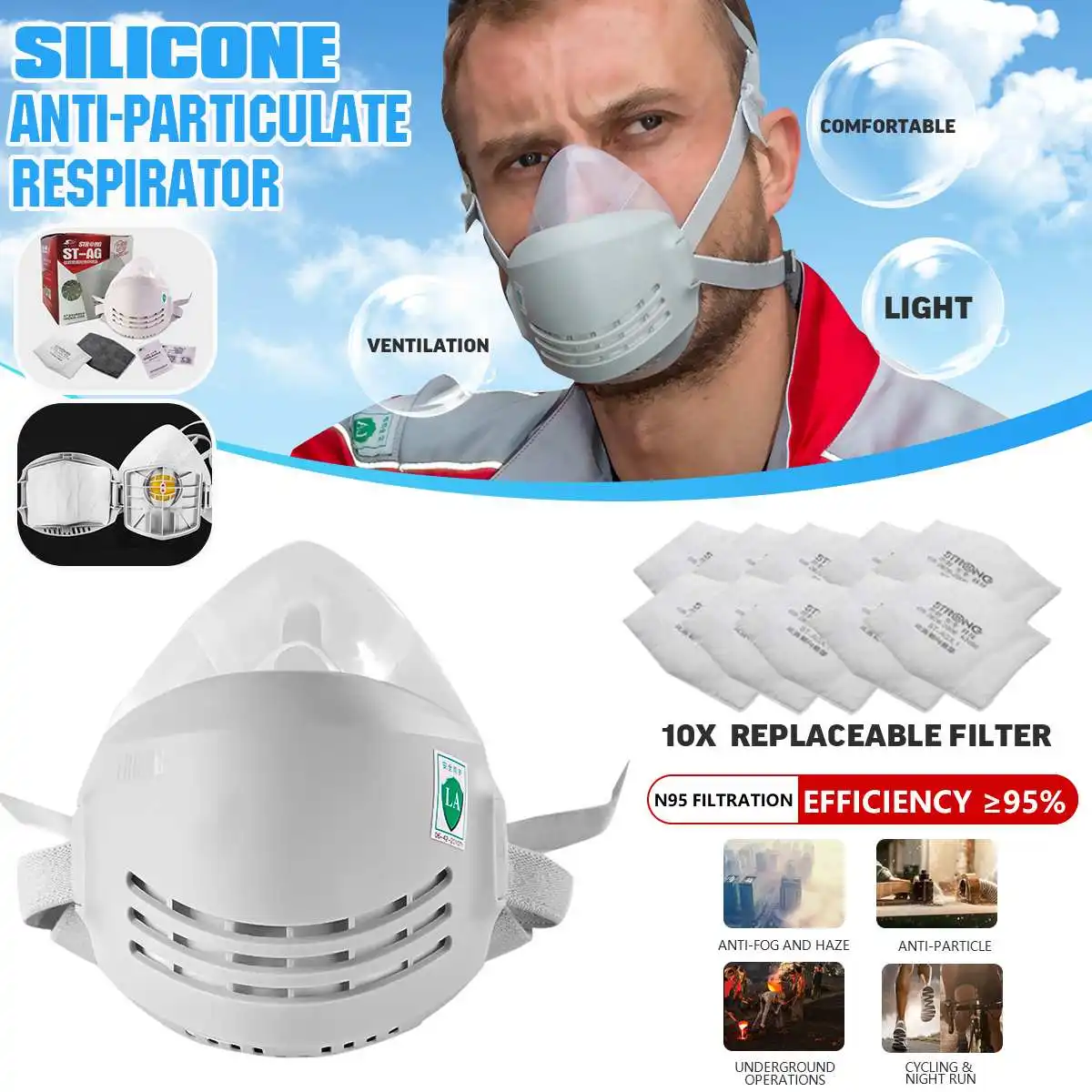 

ST-AG/10X KN90 Filter Cotton Silicone Anti-particulate Respirator Breathable Mask Dustproof Sealed protection Smooth Breathing