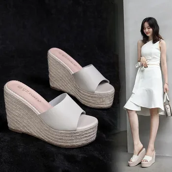 

Female Shoes House Slippers Platform On A Wedge Women Heels Slides 2020 Summer Genuine Leather High Wedges Scandals PU Rubber