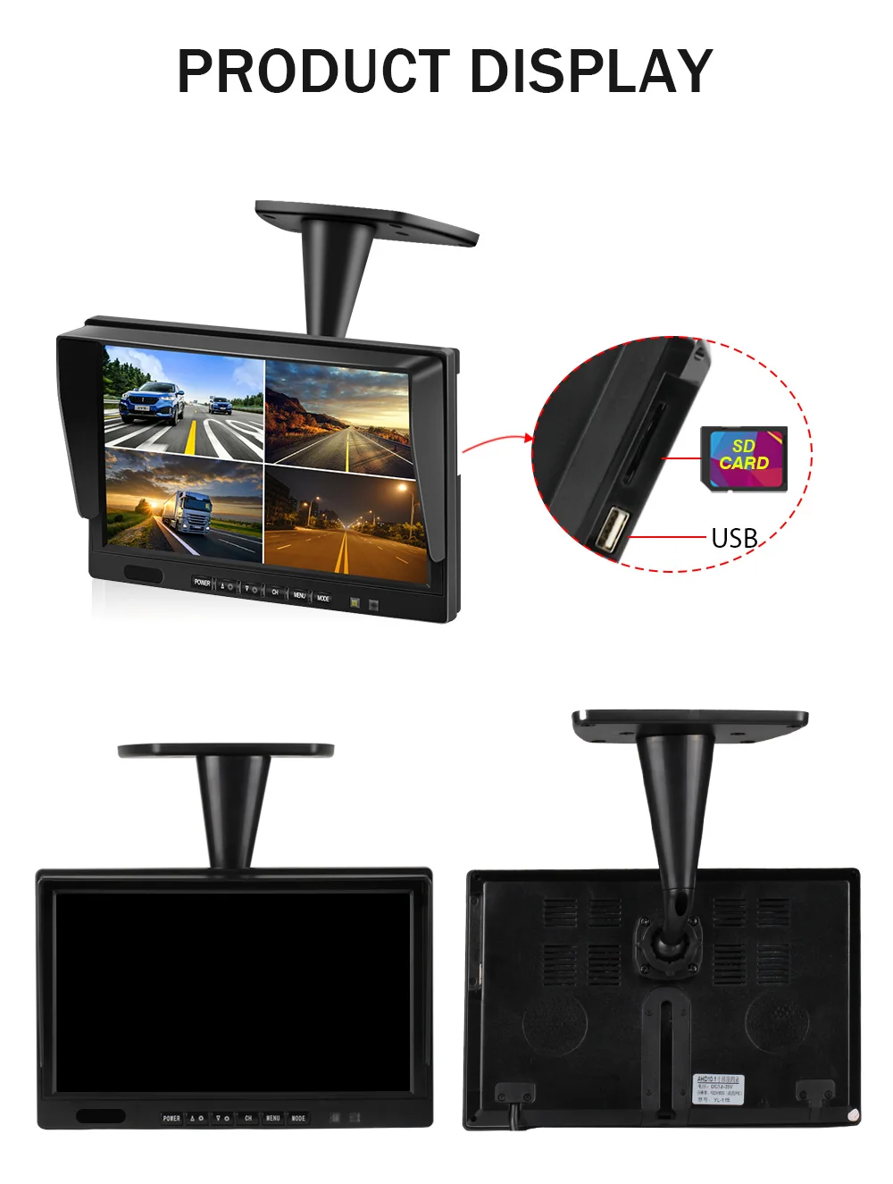 10.1 inch AHD 4ch Recorder DVR Car Monitor Vehicle Truck Night Vision Rear View Camera Security Surveillance Split Screen Quad