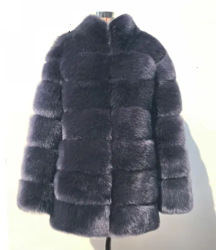 Navy blue Размера плюс зимняя верхняя одежда меховое пальто из искусственного меха женская куртка с высоким воротником и длинным рукавом из искусственного меха fourrure abrigos mujer - Цвет: Navy blue