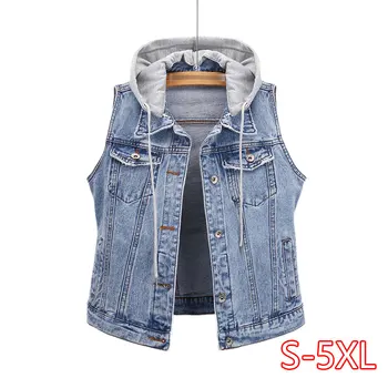 

Plus Size 5XL Women Short Denim Vest Detachable Hooded Coat Spring 2020 Slim Side pockets Sleeveless Jeans Jacket Casual Outwear