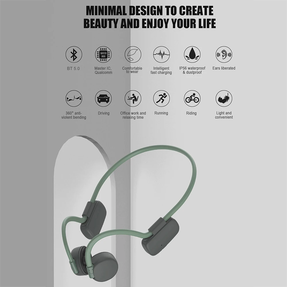 BH528 Bone Conduction Headphones Wireless Bluetooth 5.0 Earphone Sports Headset IP56 Waterproof Hands-free with Microphone - ANKUX.COM