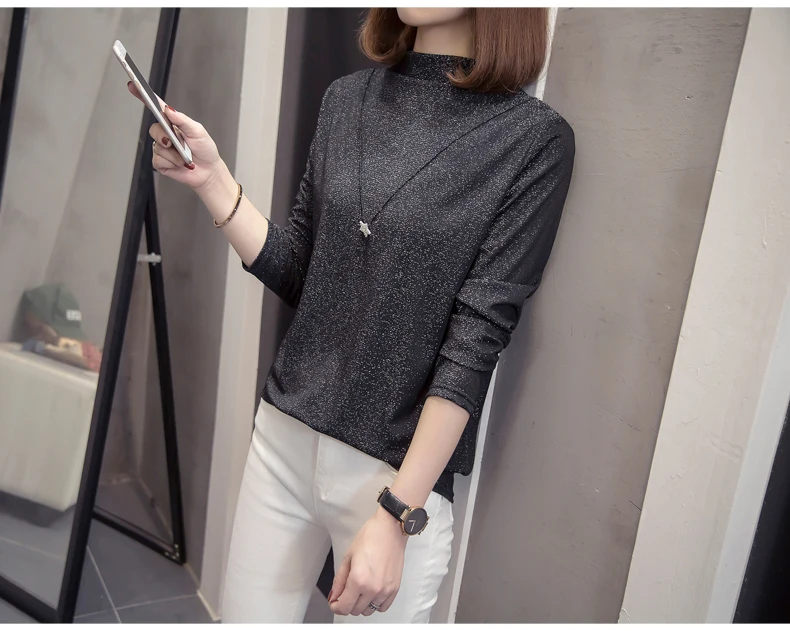 Plus Size Bright Silk Tops Tee Shirts Women 2020 Autumn Trendy Turtleneck Long Sleeve Office Lady Basic T-shirts Oversize Tshirt