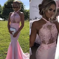 Lovely Halter Sleeveless Sweep Train Lace Applique Elastic Satin Mermaid Bridesmaid Dresses Wedding Party Dresses