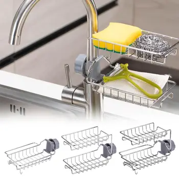 

Faucet Rack Kitchen Storage Stainless Steel Faucet Sponge Holder Drain Shelf Innovative Kitchen Adjustable Soap Brush Organizer