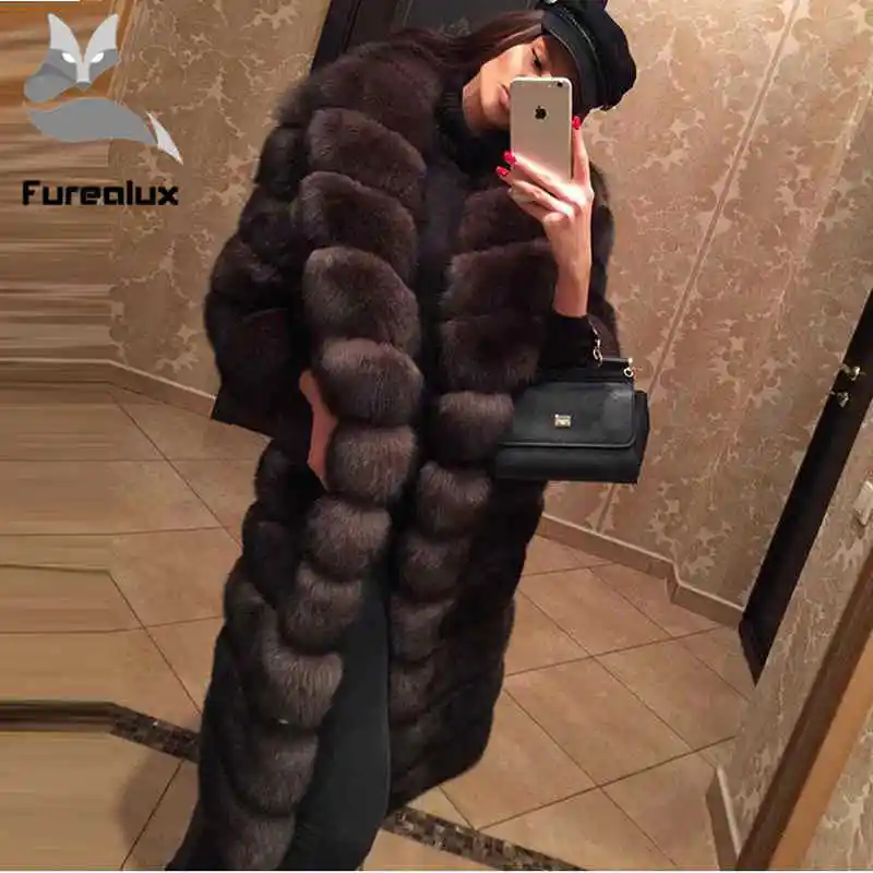 Furealux, роскошное, Новое поступление, Соболь, цвет, натуральный Лисий мех, длинное пальто, съемный низ, для женщин, большой Лисий мех, пальто для женщин, мех