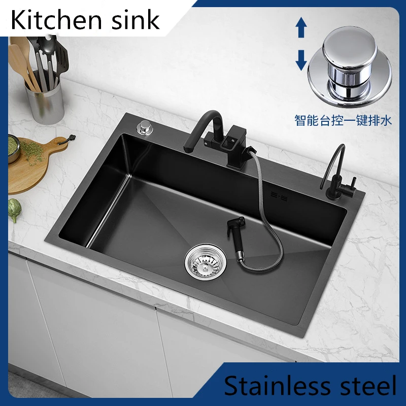 

Black Nano Kitchen Sink Single Slot Household Vegetable Counter Control 304 Stainless Steel Small Farmhouse