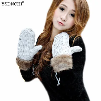 

YSDNCHI Women Knit Twist Mittens Winter Glove Female Wool Plus Cashmere Thickening Warm Full Finger Gloves Knitted Ski Guantes
