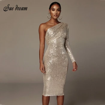 

2020 Spring Women's New Dress Sexy One Shoulder Sequin Long Sleeve Fold Runway Club Party Skinny Dress Vestidos