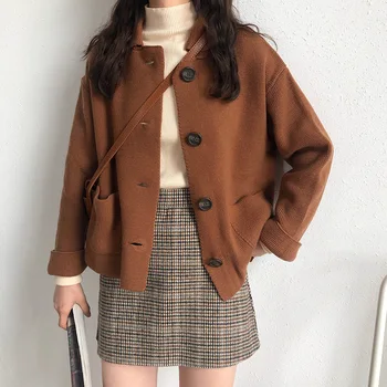 

Womens Sweaters 2019 Autumn Korean Style Solid Color Turn Down Collar Knittd Cardigans Weaters Spring Loose Womens Coat pocket