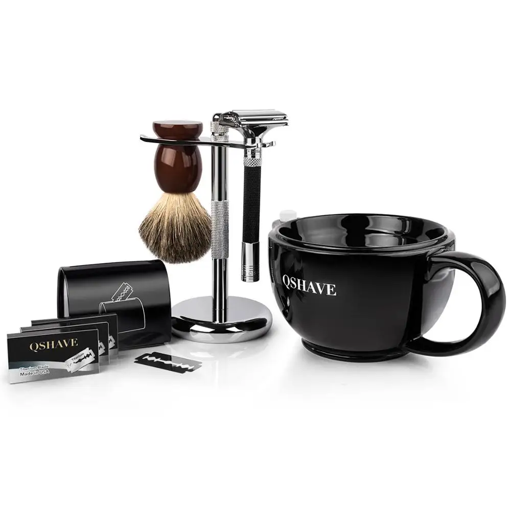 QSHAVE роскошный Парфенон V2.0 бритвенный набор, мужской бритвенный набор, держатель+ бритва+ чехол для удаления лезвий+ набор 15 лезвий+ чаша+ щетка - Цвет: Black Razor set