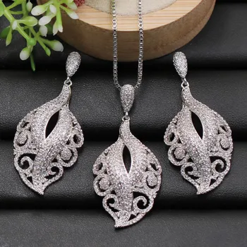 

Vanifin Fashion Jewelry Distinctive Feather Cubic Zirconia Full Micro Pave Necklace with Earrings for Anniversary Bridal Gift