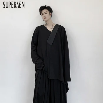 

SuperAen New 2020 Spring T Shirts Women Solid Color Casual Wild Ladies Blouses and Tops Irregular V-neck Long-sleeved Tops