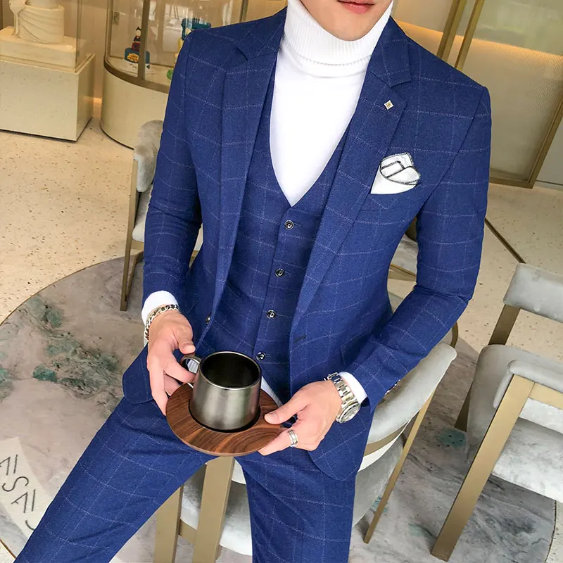 ( Jacket + Vest + Pants ) 2019 New Men's Fashion Boutique Plaid Wedding Dress Suit Three-piece Male Formal Business Casua