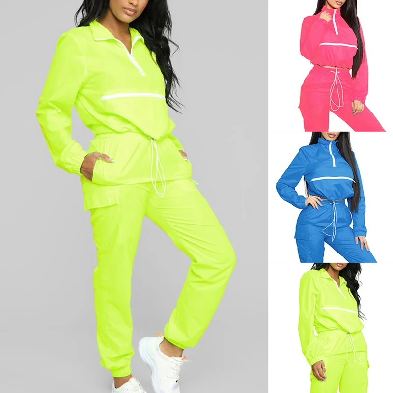 

Classic Patchwrok Sport Two Piece Set Women Fluorescence Winter Sportswear Zipper Sweatshirt+Pencil Jogger Tracksuit Set
