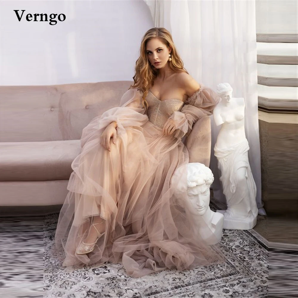 Verngo Dusty Pink Tulle A Line Sweetheart Wedding Dress With Detachable Puff Long Sleeves Garden Country Bridal Gowns