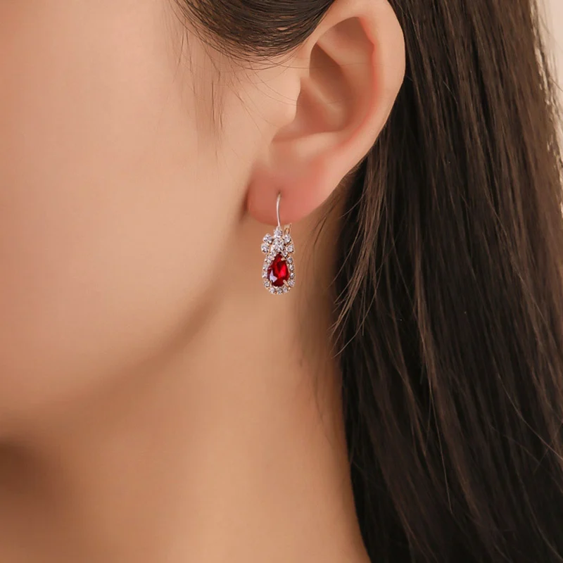 3Colors Jewelry Sets Hoop Earrings Water Drop Earrings Red Jewelry Set Rhinestones For Women Pendant Necklace/Earrings/Rings - Image 5