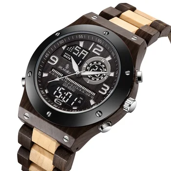 

Men's Watch Fashion New Design Waterproof Ebony Bamboo Wooden Band Dual Display LED Quartz Watches Mens Watch Relogio Masculino