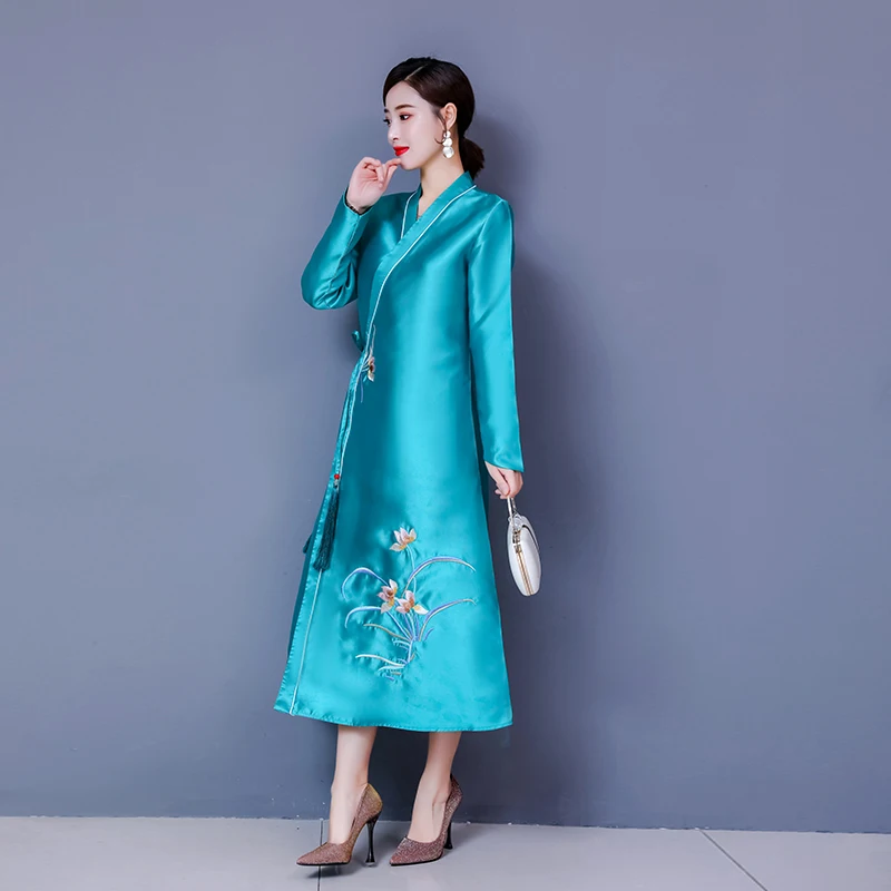 Женский Тренч с вышивкой, китайский стиль, ретро жаккардовый рукав, элегантное свободное Женское пальто