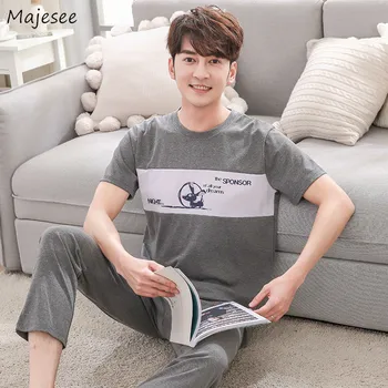 

Pajama Sets Men O-neck Elastic Waist Plus Size 3XL Sleepwear Male Soft Short Sleeve Printed Simple Casual Korean Style Fashion