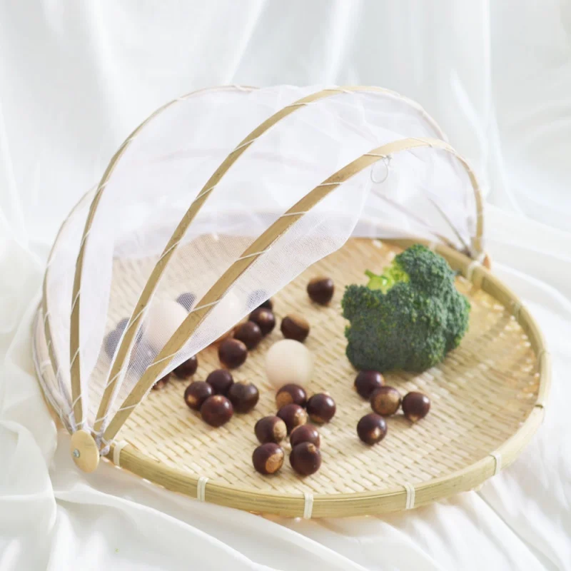 

Hand-Woven Bamboo Food Serving Tent Basket Tray Fruit Vegetable Bread Storage Basket Serving Food Outdoor Picnic Mesh Net Cover