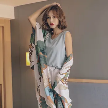 

4 Piece Spring Women Pajamas Sets Floral Printed Elegant Femme Tender Pajamas Set Cardigan+Vest+Pants+Shorts Female Night Suit