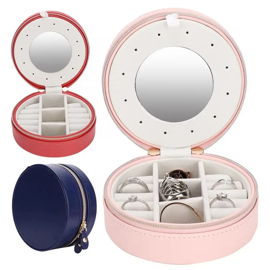

PU Leather Portable Round EarringsJewelry Storage Holder Organizer Box Case Casket Jewelery Display Container for Home or Gift