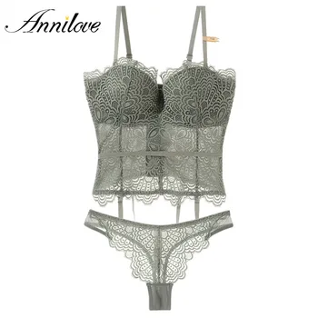 

Annilove Women Sexy Corset Bustier Lace Hollow Out Underwear Elasticity Abdomen Transparent Straps Bodysuit Sleepwear Lingerie