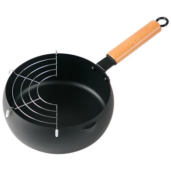 

Japanese Style Tempura Fry Pan 20cm Carbon Steel Deep Fryer with Handle, Drainer Rack Kitchen Noodle Milk Pot Non-stick Fryer
